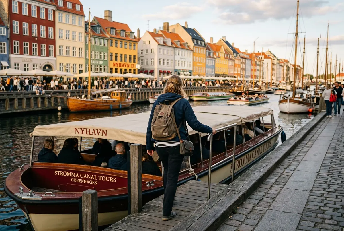 Podróżny wsiadający na łódź rejsu kanałami Strömma przy kamienicach Ved Stranden, telefon z aplikacją Copenhagen Card widoczny w dłoni