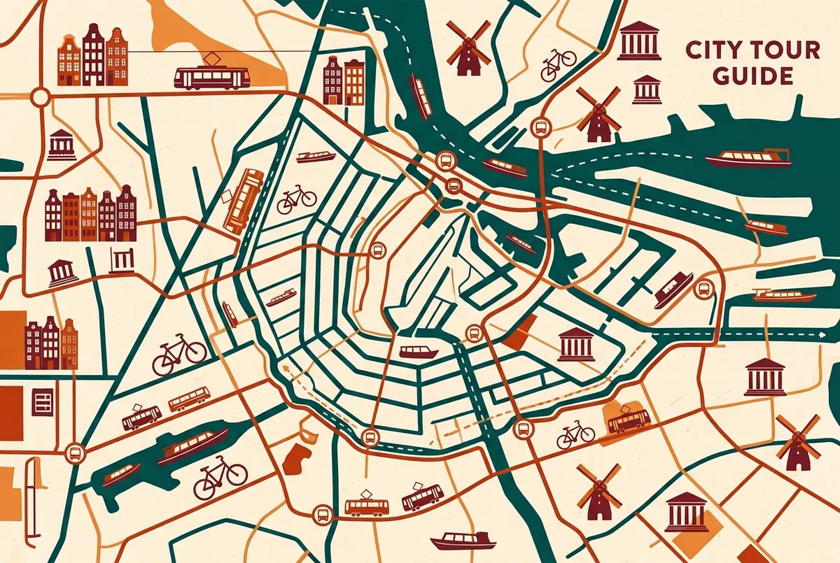 Mapa infograficzna porównująca zasięg sieci metra i pociągu Discover z trasami autobusów hop-on hop-off Hop, generyczne etykiety przystanków bez cen