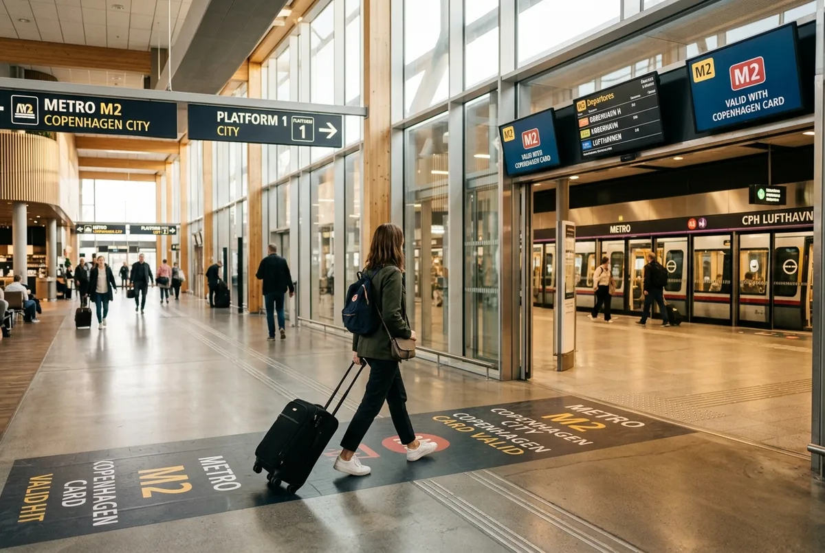 voyageur tirant une valise a roulettes vers un quai de metro copenhagen card airport dans un terminal lumineux et moderne