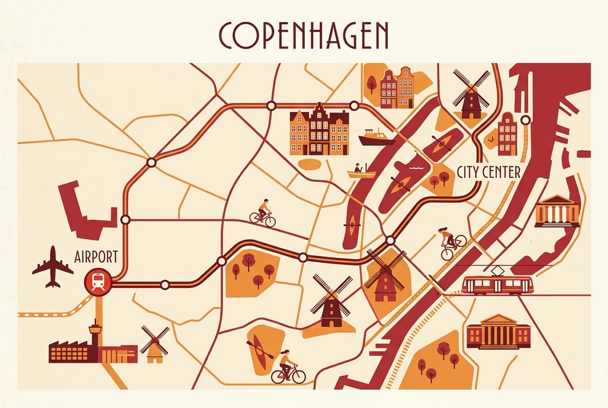 carte de trajet simple montrant la liaison metro et train entre l'aeroport de copenhague et le centre ville avec des etiquettes de stations generiques
