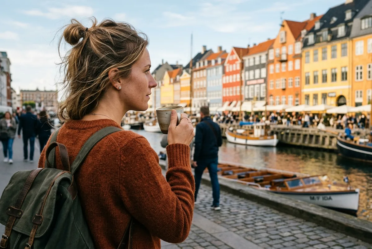 Nærbillede af hænder, der holder en telefon med Copenhagen Card appens aktiveringsskærm, Nyhavns havnehuse sløret i baggrunden