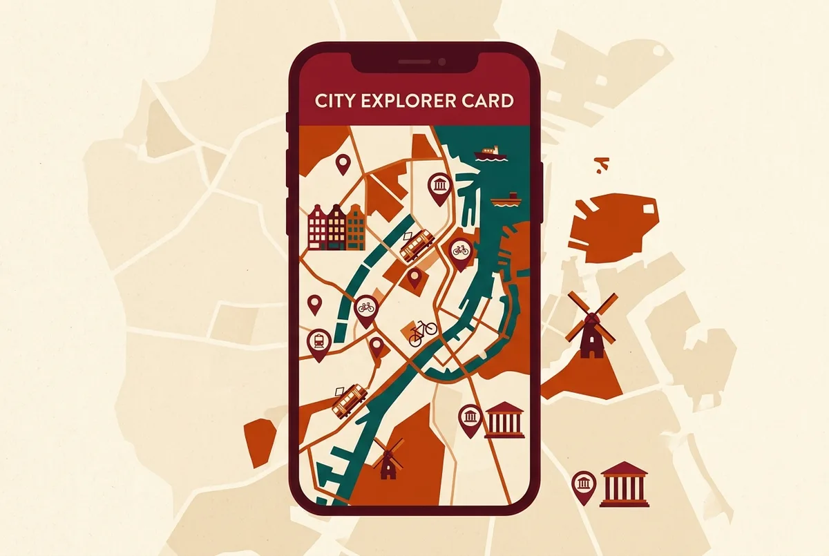 Simpel telefonskærm-mockup der viser Copenhagen Card city guide kortvisning med generiske attraktionsikoner og ingen rigtige stednavne eller priser