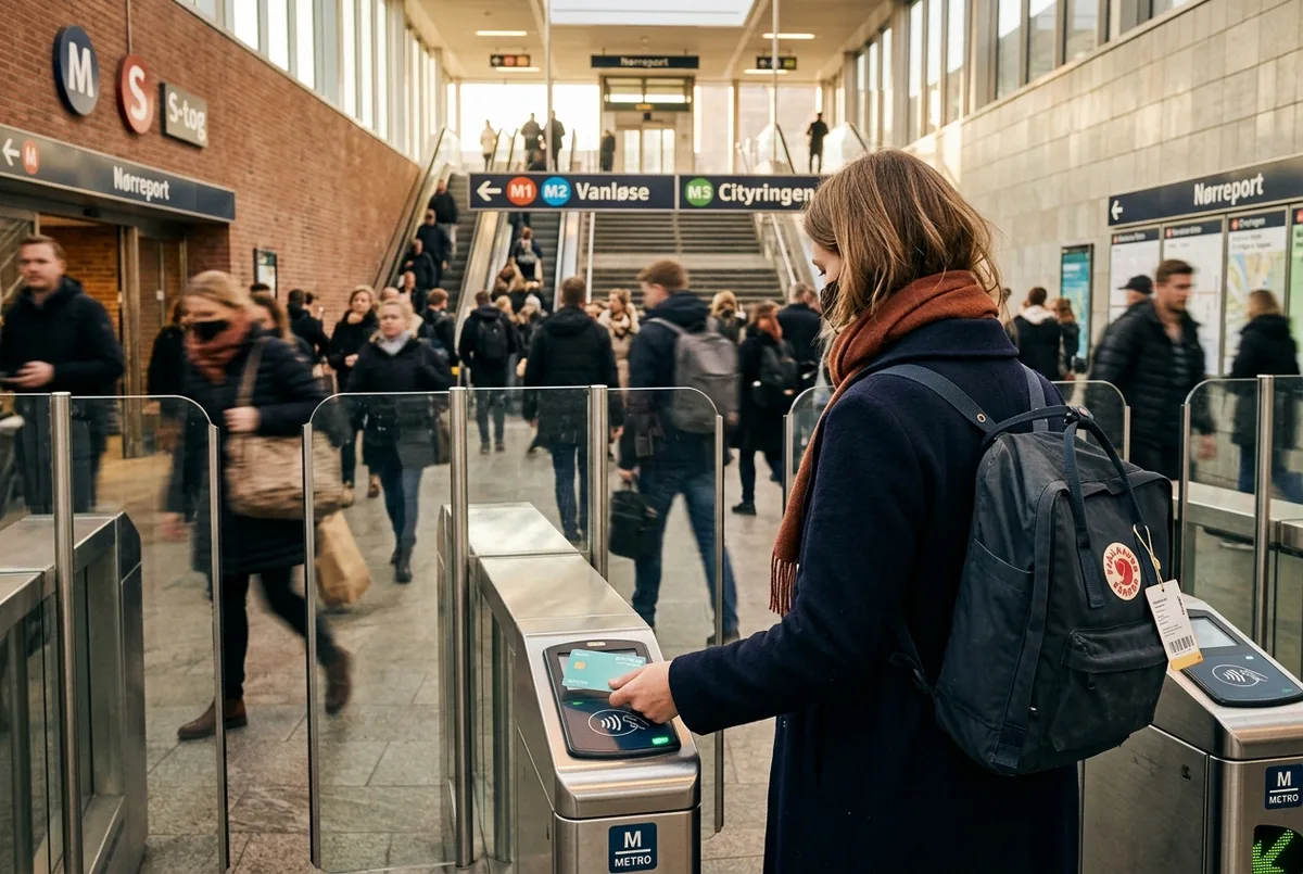 Reisender hält eine Kopenhagen City Pass Karte an ein Metro-Drehkreuz am Bahnhof Nørreport im weichen Morgenlicht
