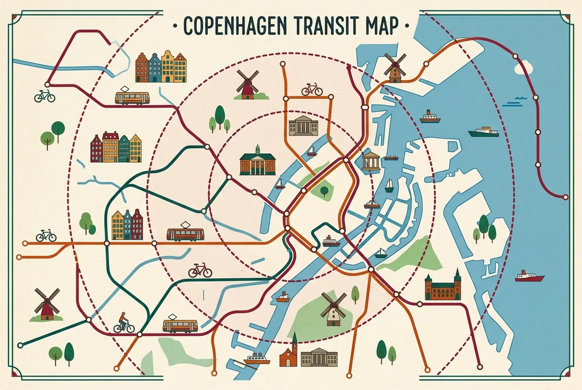 Einfache Streckenkarte mit Kopenhagens Metro, Bus und S-Bahn Netz sowie den Small und Large Zonengrenzen des City Pass, nur generische Beschriftungen