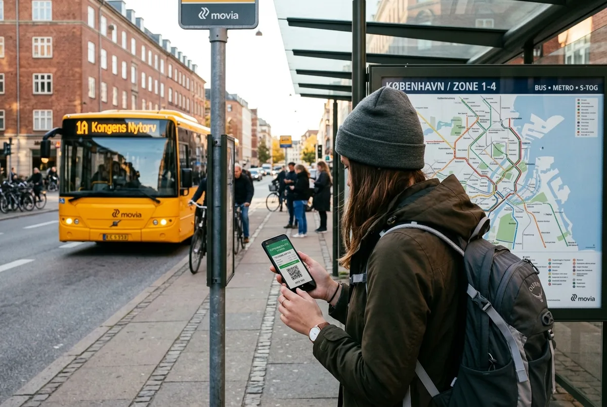 voyageur consultant l'ecran d'activation de son city pass copenhague 48 heures sur son telephone a un arret de bus avec un plan de la ville en arriere plan