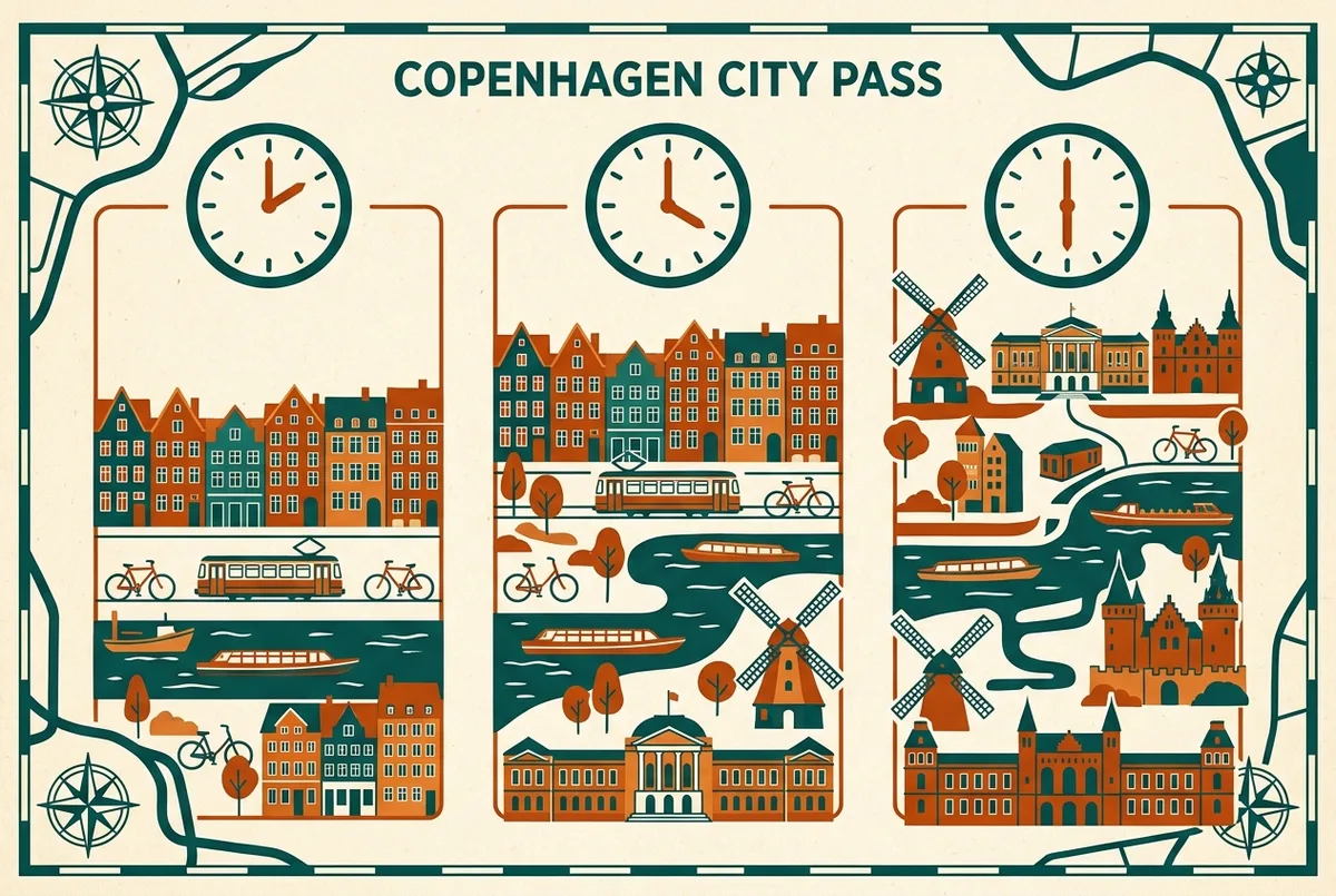 chronologie simple comparant les durees 24 48 et 72 heures du city pass copenhague avec des icones generiques d horloge