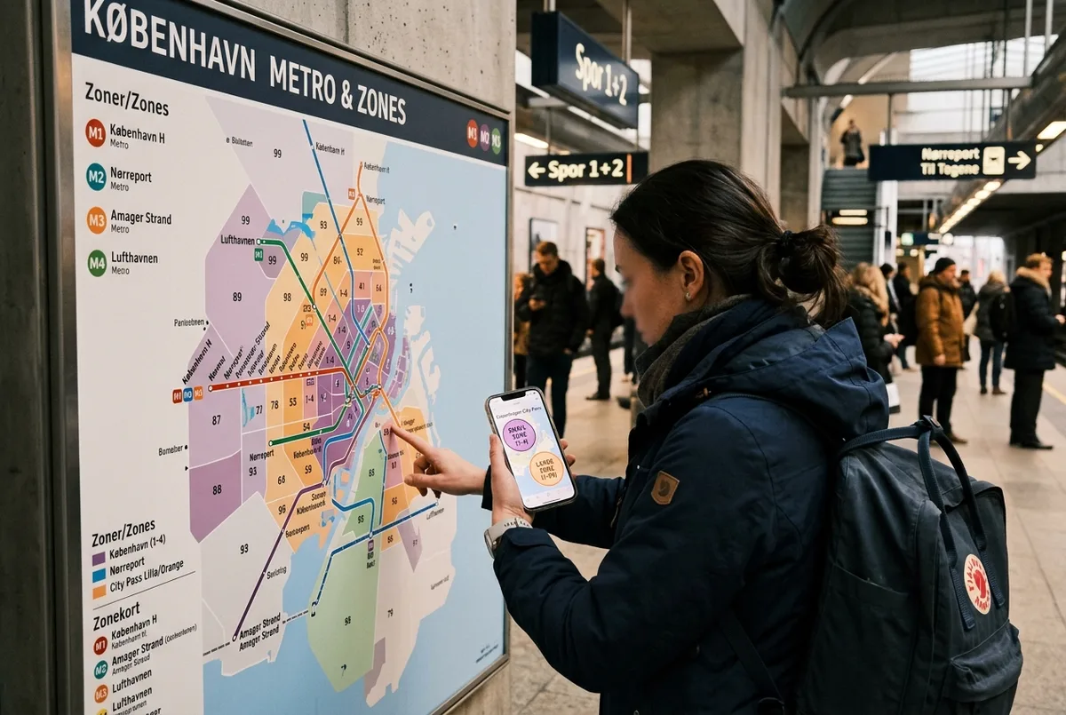 Rejsende tjekker et zonekort over København på sin telefon ved siden af et metrolinjekort, sammenligner city pass small og large dækning