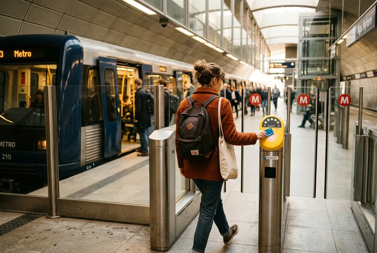 Resenär går ombord på ett köpenhamnskt tunnelbanetåg medan hen tappar en copenhagen city pass metro-biljett vid perrongspärren