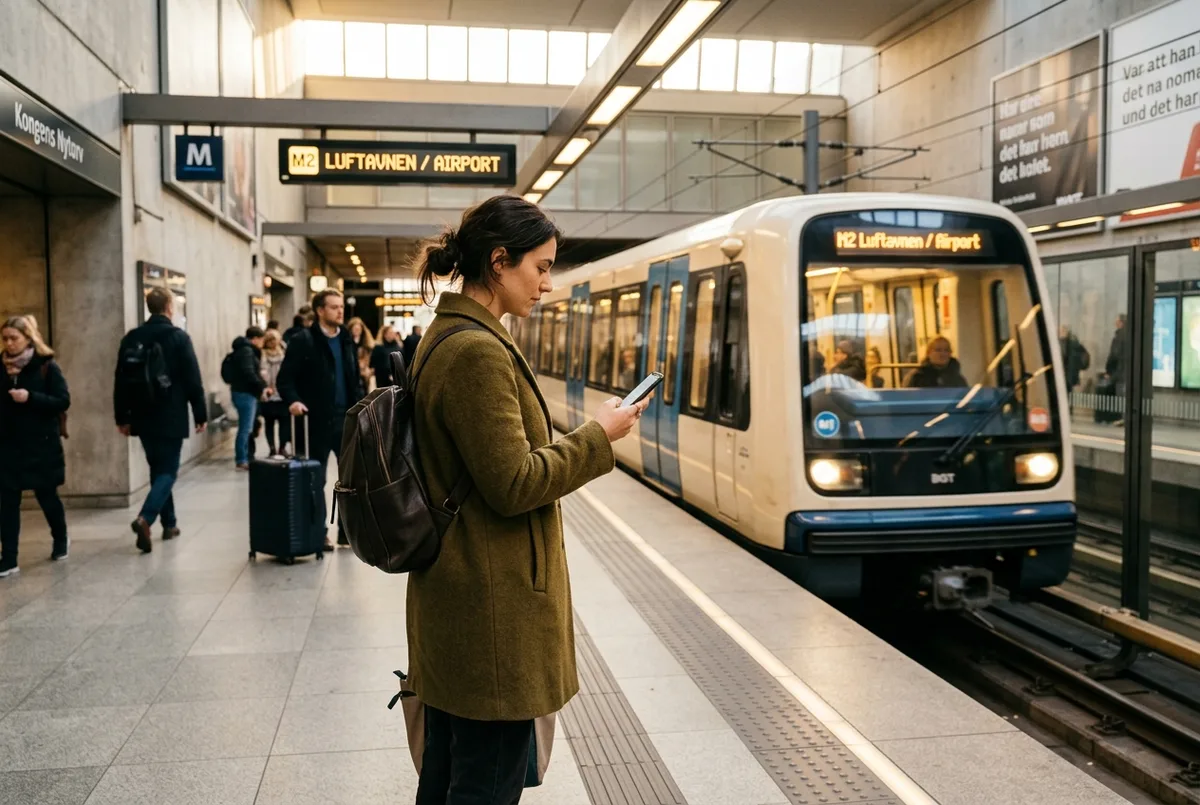 Resenär studerar en public transport card copenhagen-zonkarta vid en tunnelbaneperrong i Köpenhamn medan ett förarlöst tåg anländer