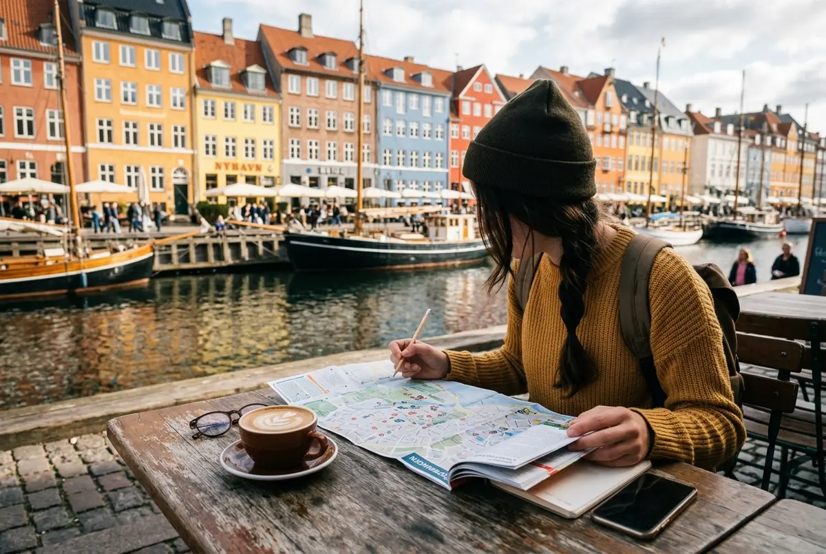 voyageur consultant un guide touristique copenhague sur une carte papier a une table de cafe en plein air pres des maisons colorees du port de nyhavn au petit matin