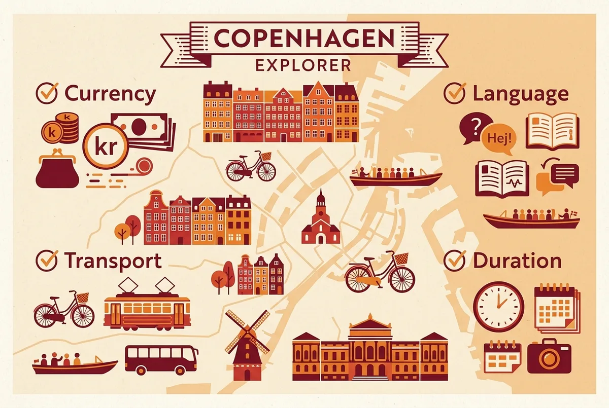 infographie simple avec icones generiques illustrant la monnaie, la langue, les transports et la duree de sejour ideale pour un guide touristique copenhague