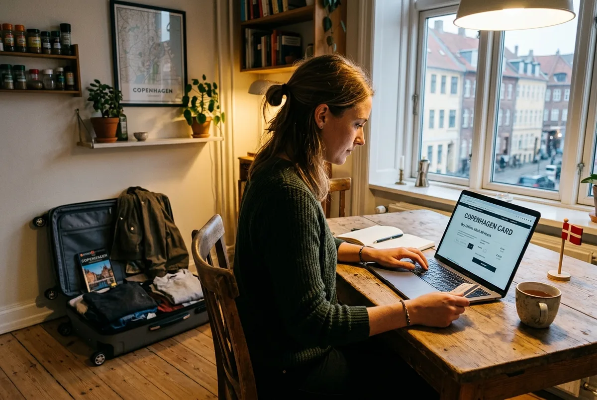 Rejsende køber Copenhagen Card online på en bærbar computer ved et køkkenbord, pakket kuffert synlig i baggrunden i aftenlys