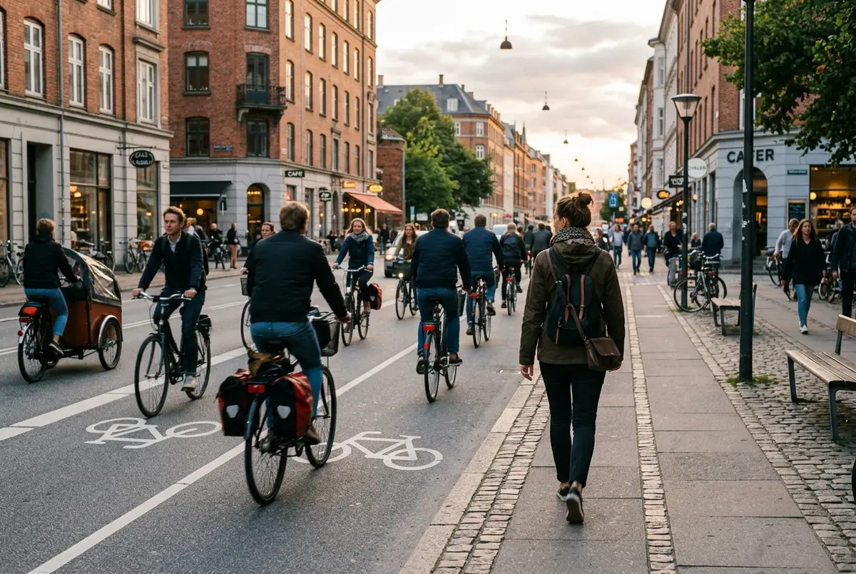 touriste marchant sereinement le long d'une piste cyclable bien signalee pres du port de nyhavn a copenhague en debut de soiree