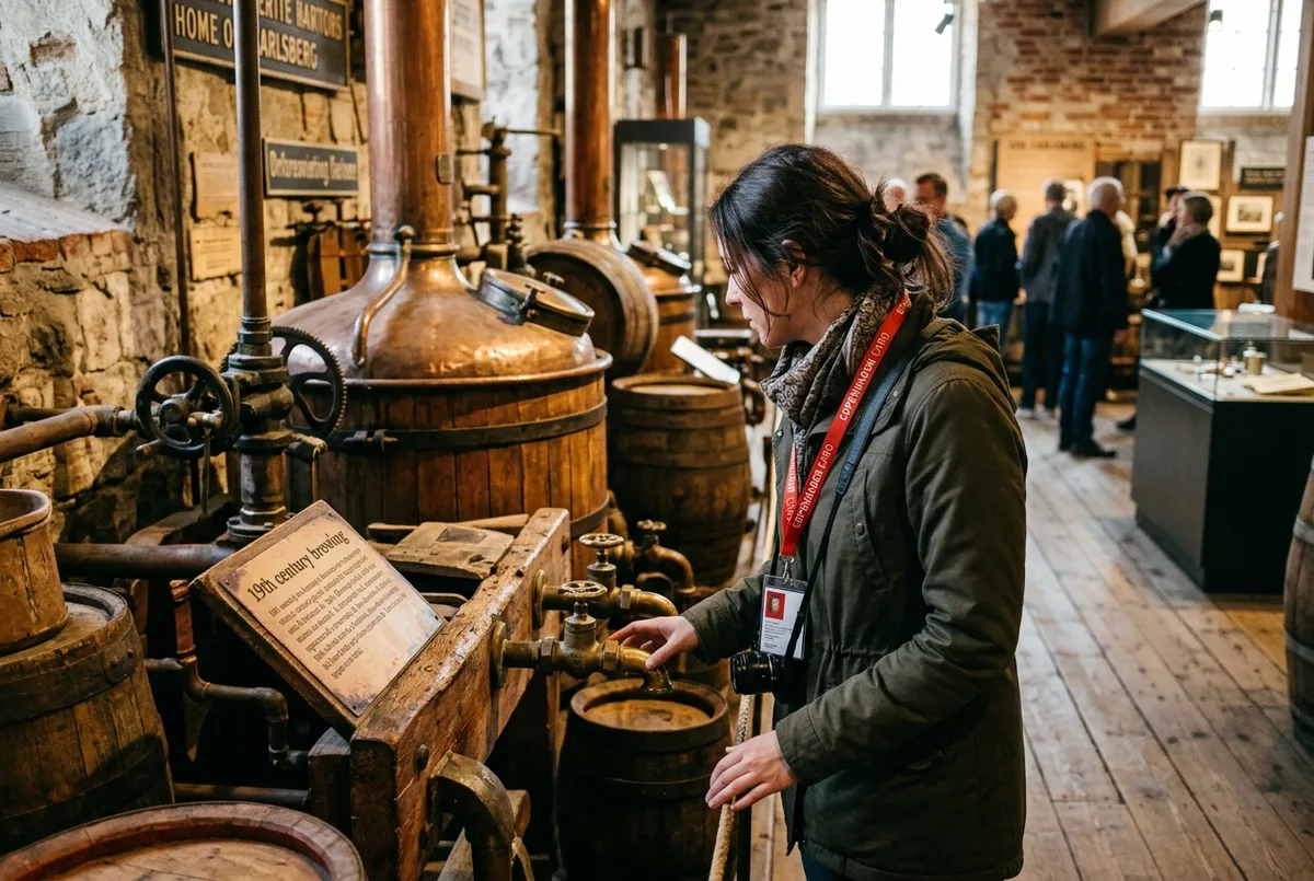 Reiziger bekijkt een antieke brouwinstallatie in het Home of Carlsberg museum, Copenhagen Card lanyard zichtbaar om de nek, warm binnenlicht