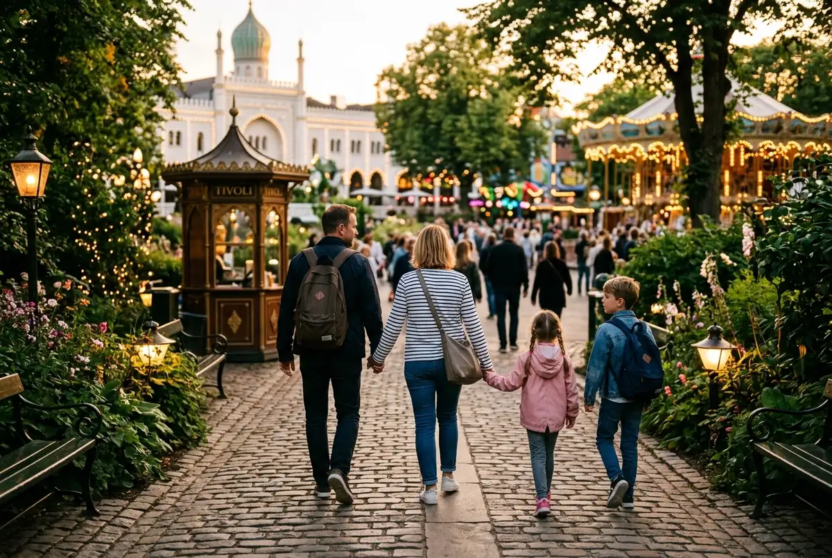Familj går genom Tivolis upplysta paviljonger i skymningen, en håller upp en mobil med copenhagen card tivoli entré synlig i appen, en berg och dalbana skymtar i bakgrunden