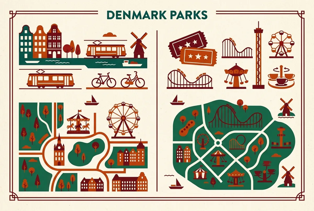 Enkel jämförelseinfografik som visar Tivoli och Bakken sida vid sida, märkt entré till området mot åkbandsbiljett, med generiska parkikoner och inga priser